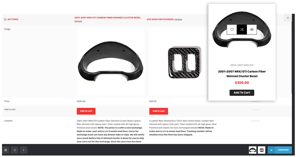 Detailed By Panem auto parts online store WordPress theme's compare window