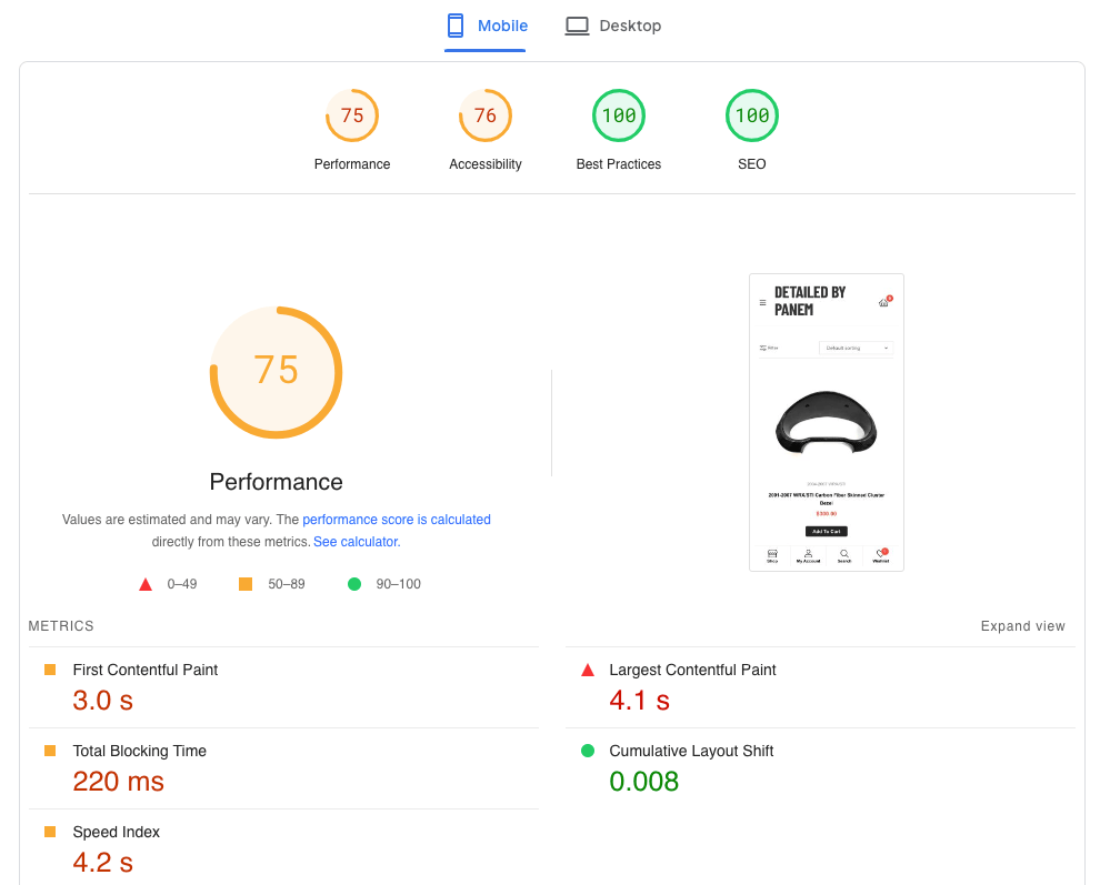 Shop page slow site speed as shown on Google's PageSpeed Insights tool