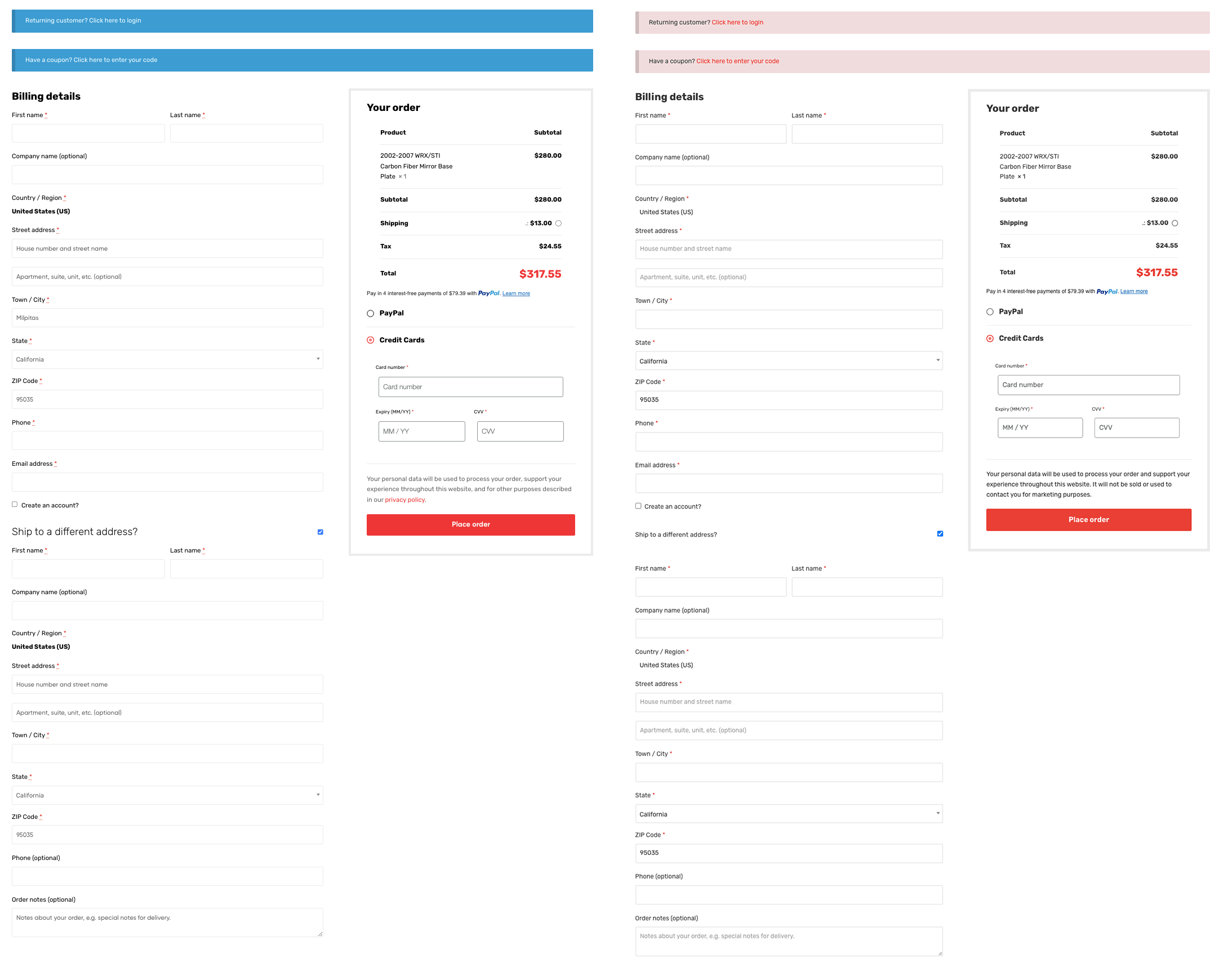 Checkout page improvements - before and after