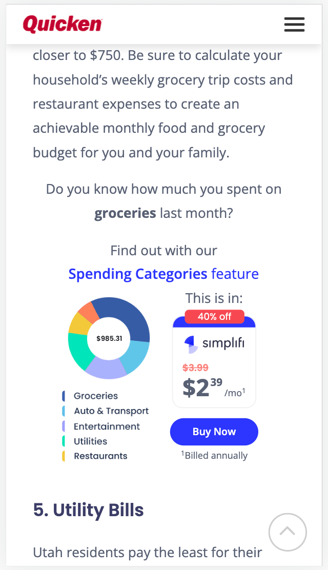 Responsive mobile layout of the Quicken Simplifi pie chart blog conversion element