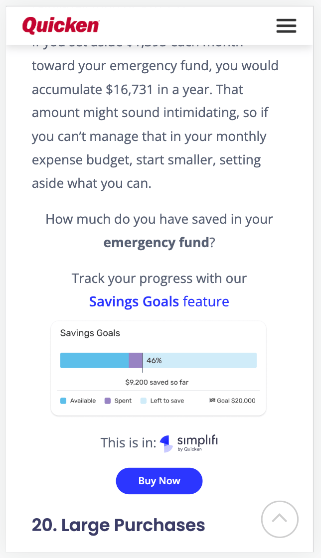 Responsive mobile layout of the Quicken Simplifi savings goals progress bar blog conversion element