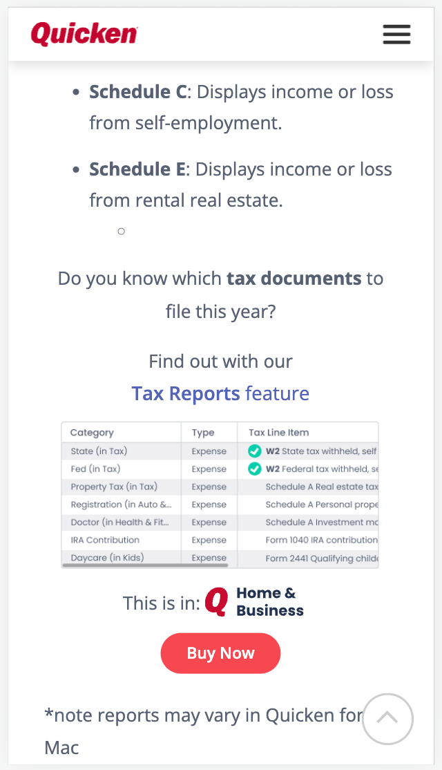 Responsive mobile layout of the Quicken Home and Business tax reports list blog conversion element