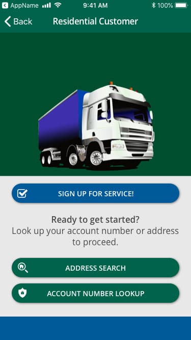 White labeled waste management app's residential customer user journey sample screen