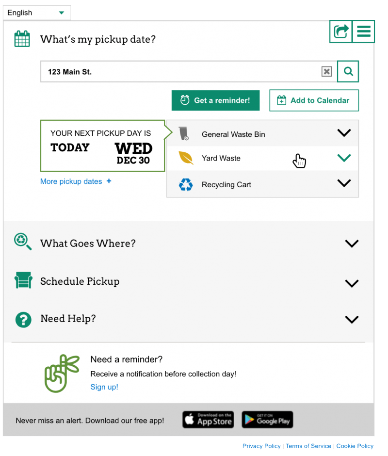 White labeled waste management web app's sample user interface