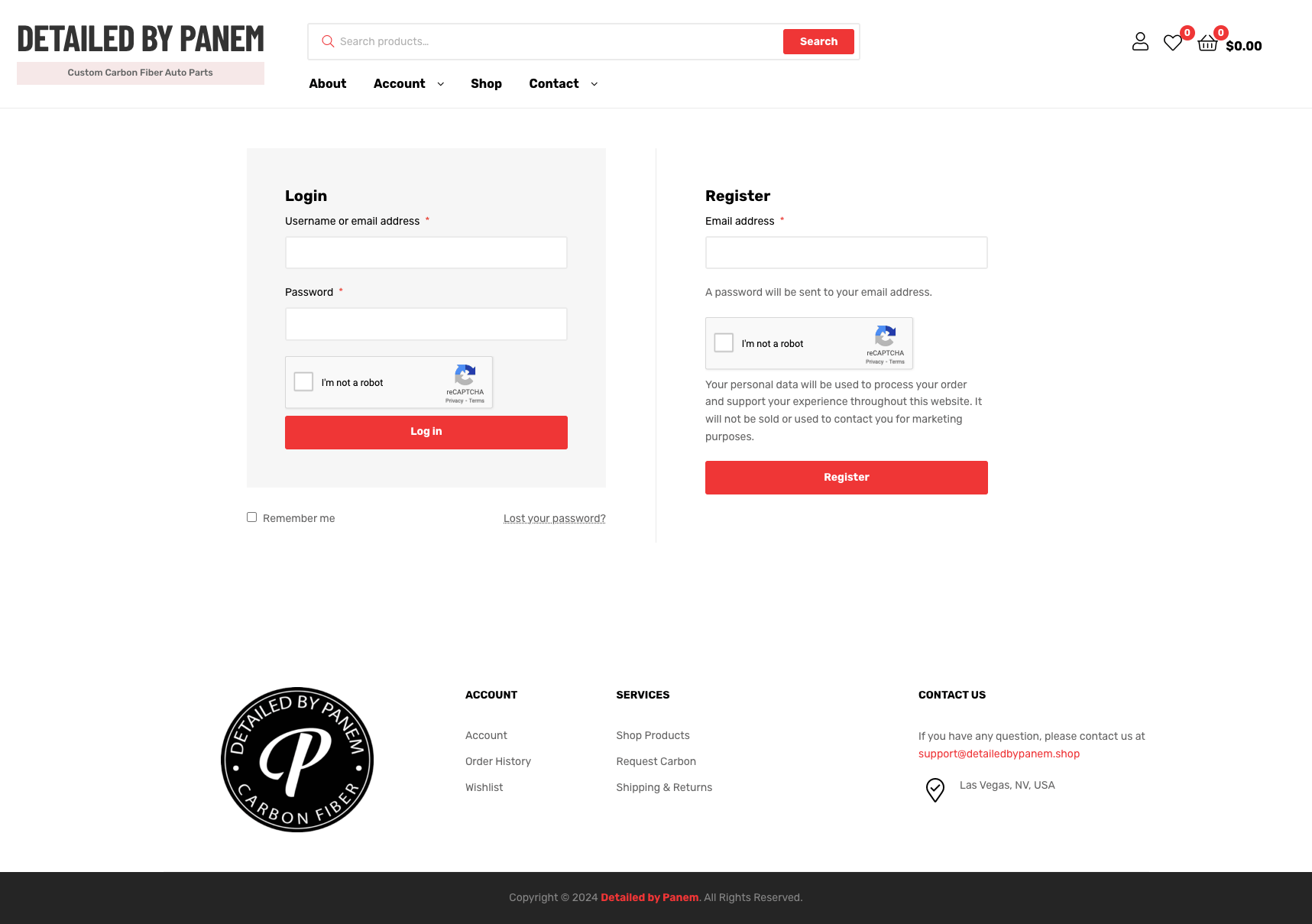 Login or register for an account page